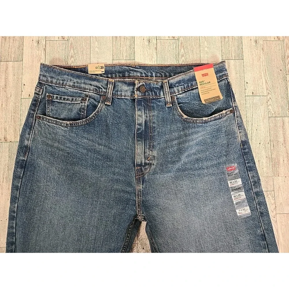 Levis Jeans 505 Regular 36x34 Mens Denim Straight Leg Medium Wash Stretch NEW
